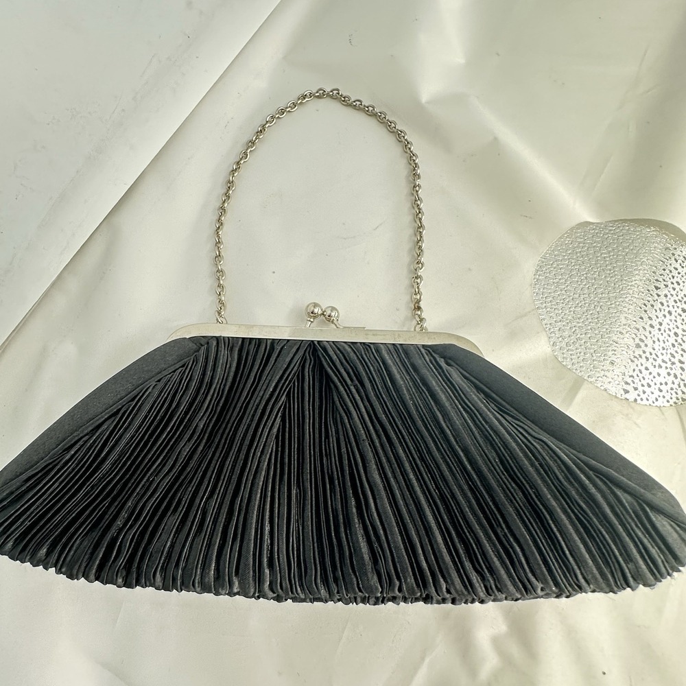 White House Black Market Pleated Satin  Pouch Purse Gem Snap Black Evening Bag - Picture 1 of 7